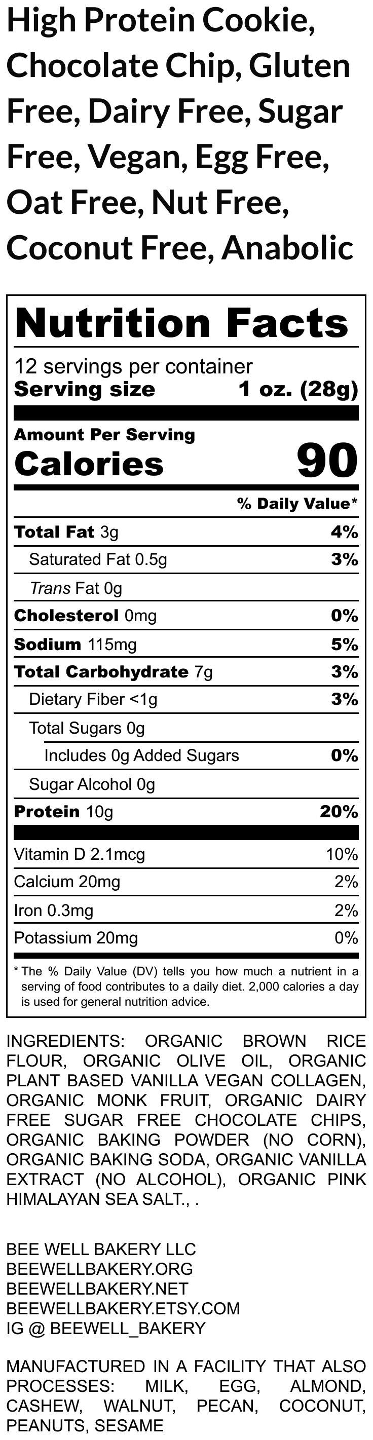 High Protein Cookies, Chocolate Chip, Gluten Free, Sugar Free, Dairy Free, Egg Free, Coconut Free, Vegan Collagen, Fitness Snack, Anabolic